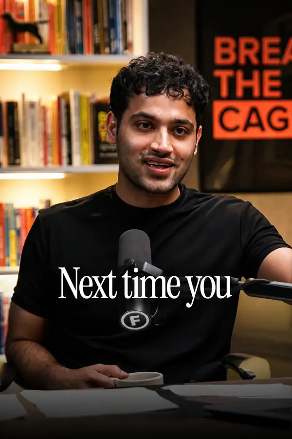 Podcast video with elegant serif captions reading "Next time you"